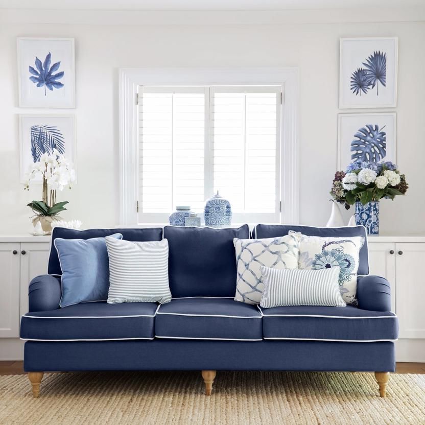 Navy Linen Roll Arm Sofa – 2 Sizes  Navy Or White Piping | Hamptons Throughout Navy Linen Coil Sofas (View 14 of 20)