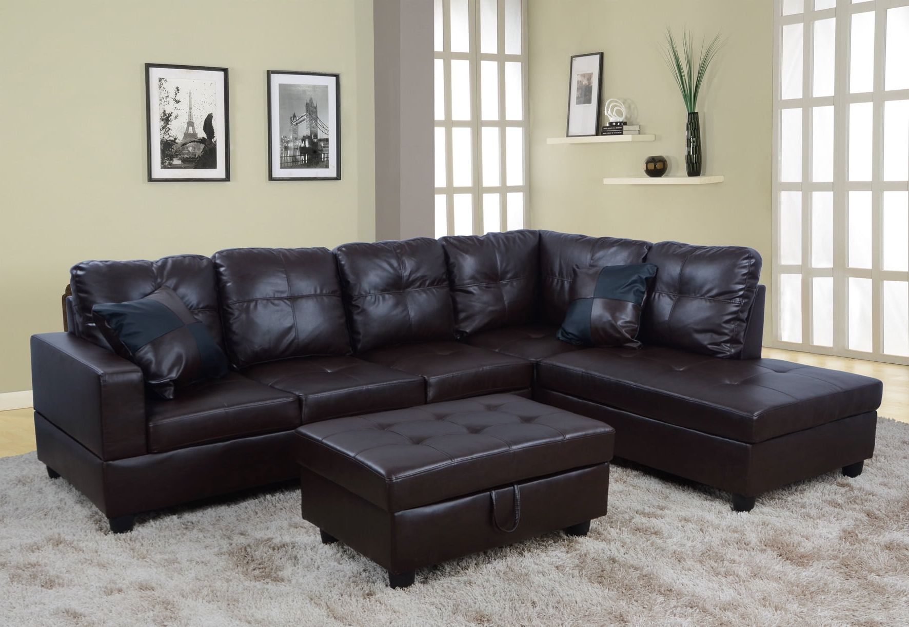 Ponliving Furniture Raphael Brown Faux Leather Left Facing Sectional Throughout Faux Leather Sectional Sofa Sets (View 15 of 20)
