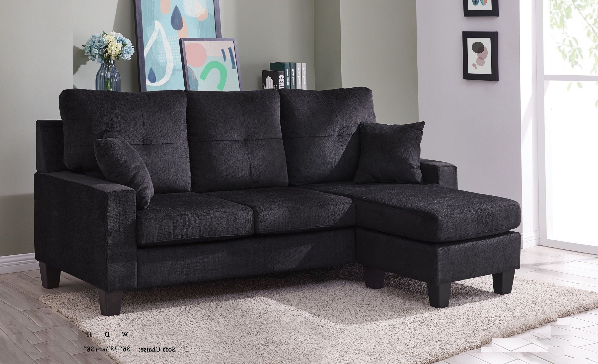 Sectional Sofa Set Black Fabric Tufted Cushion Sofa Chaise Small Space Throughout Sofas For Compact Living (View 17 of 20)