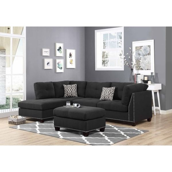 Shop Discontinued: Black Linen Fabric Sectional Sofa And Ottoman (right Within Right Facing Black Sofas (View 11 of 20)