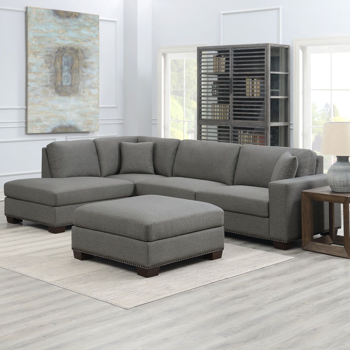 Thomasville Artesia Grey Fabric Sectional Sofa With Ottoman, Right Within Sofas With Ottomans (Gallery 10 of 20)