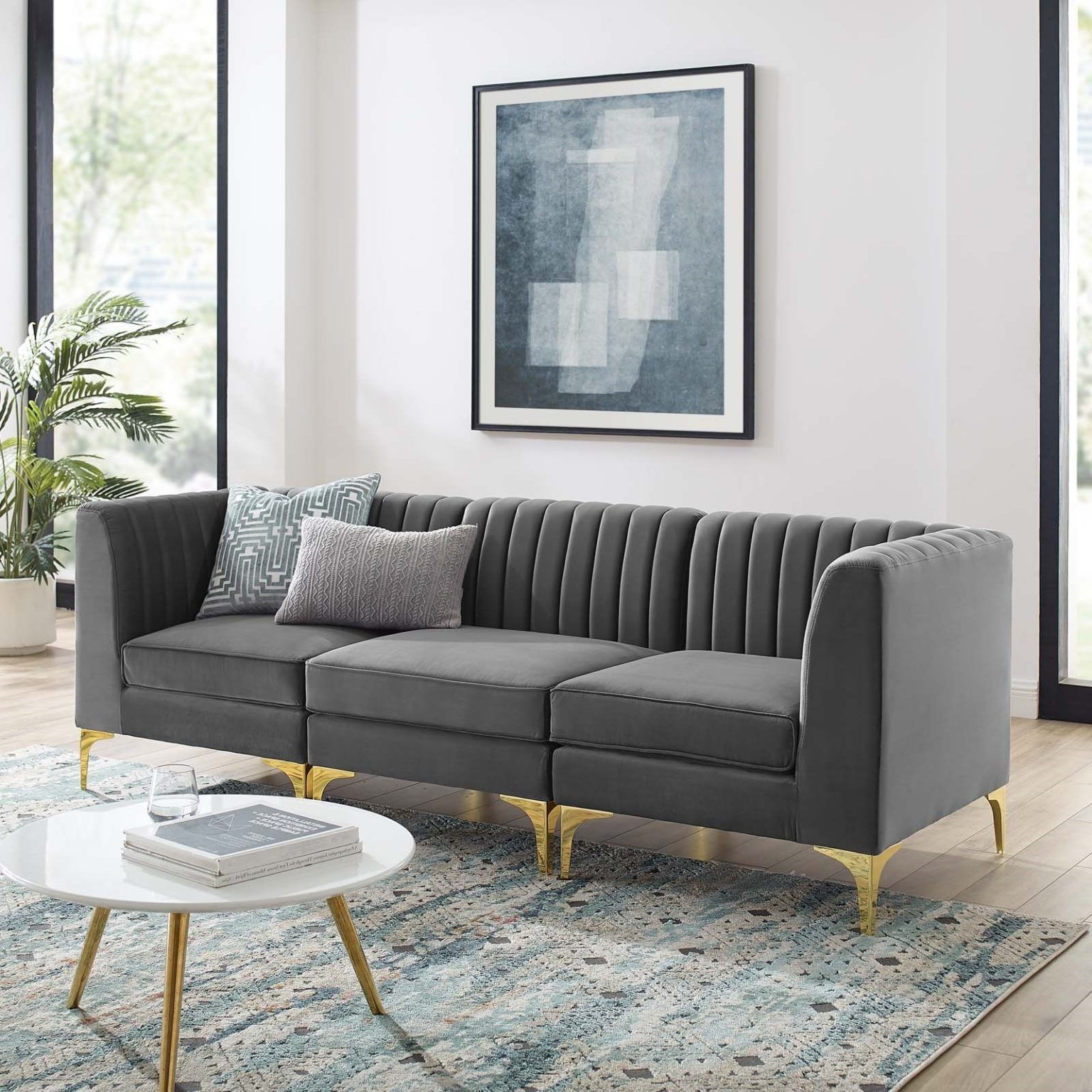 Triumph Channel Tufted Performance Velvet 3 Seater Sofa In Gray – Hyme Pertaining To Modern Velvet Sofa Recliners With Storage (Gallery 20 of 20)