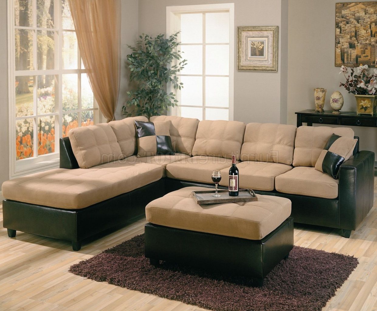 Two Tone Tan Microfiber & Dark Brown Faux Leather Sectional Sofa With Faux Leather Sofas In Dark Brown (View 9 of 20)