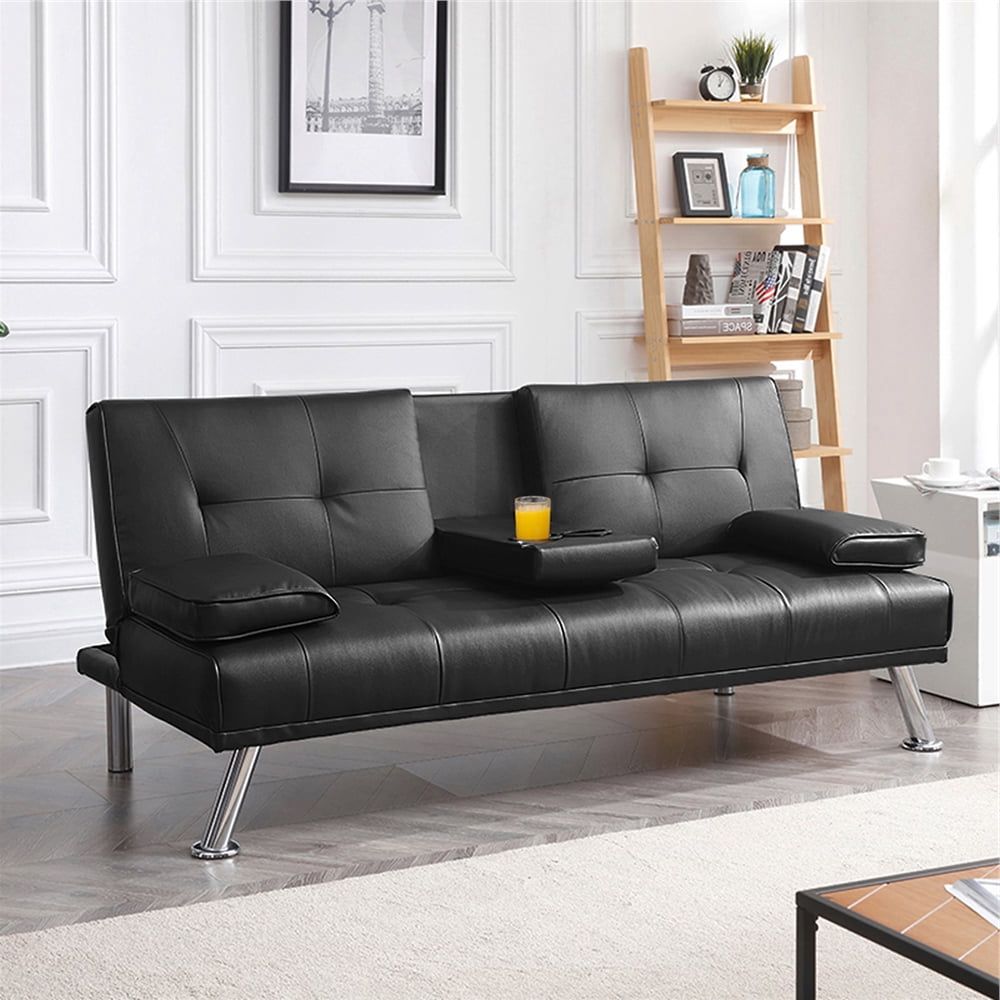 Yaheetech Modern Faux Leather Futon Sofa Bed With Armrest Home Recliner With Black Faux Suede Memory Foam Sofas (Gallery 19 of 20)